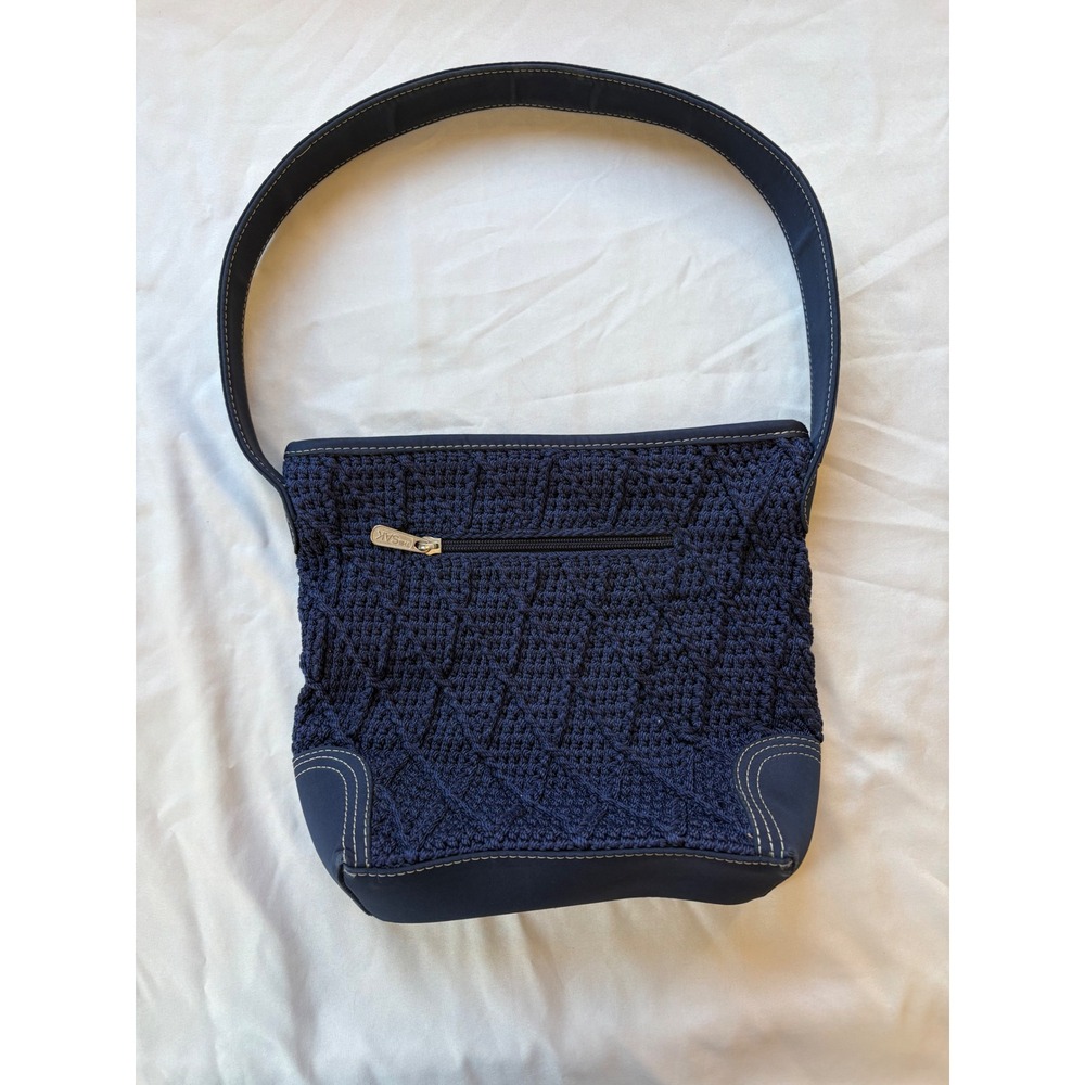 The Sak Navy Blue Crochet Diamond Knit Shoulder Bag Hobo Purse Zip Closure